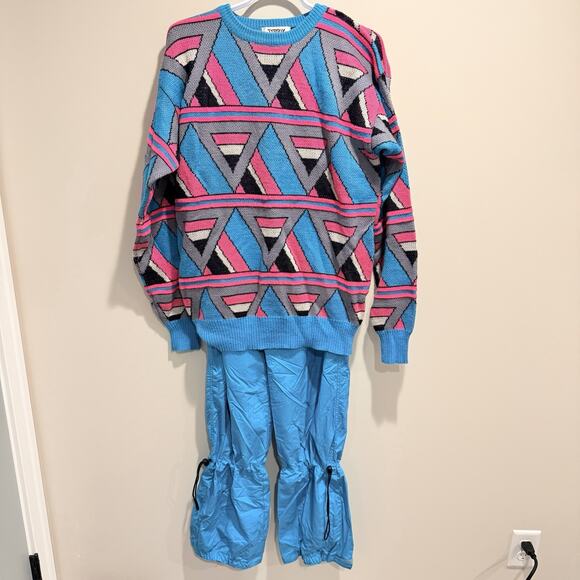 Vtg Tyrolia By Head Mens M VTG Handknit Wool Sweater Pants Set Teal & Pink 80s - Picture 3 of 15